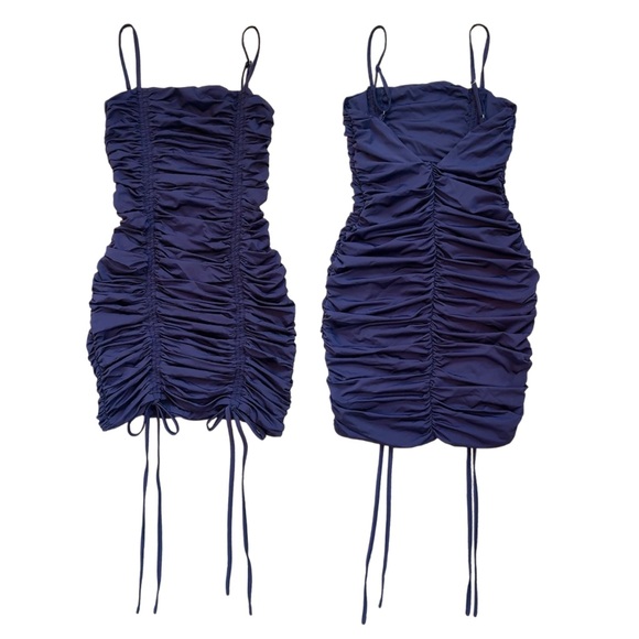 Tiger Mist Navy Purple Ruched Mini Dress with Bow Ties and Ribbons size XS - Picture 2 of 6